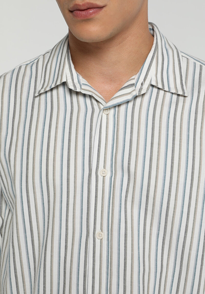 Regular Fit Shirt Neck Çizgili Erkek Mavi Uzun Kol Gömlek
