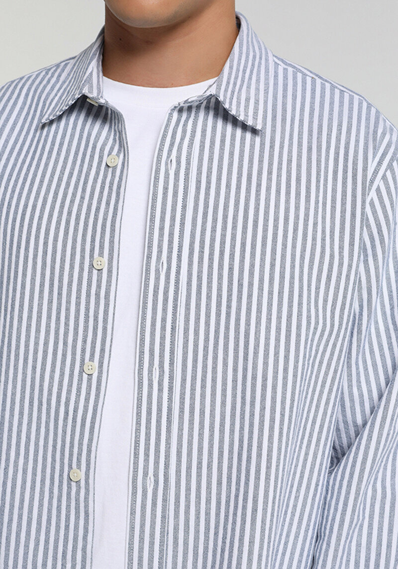Regular Fit Shirt Neck Çizgili Erkek Mavi Uzun Kol Gömlek