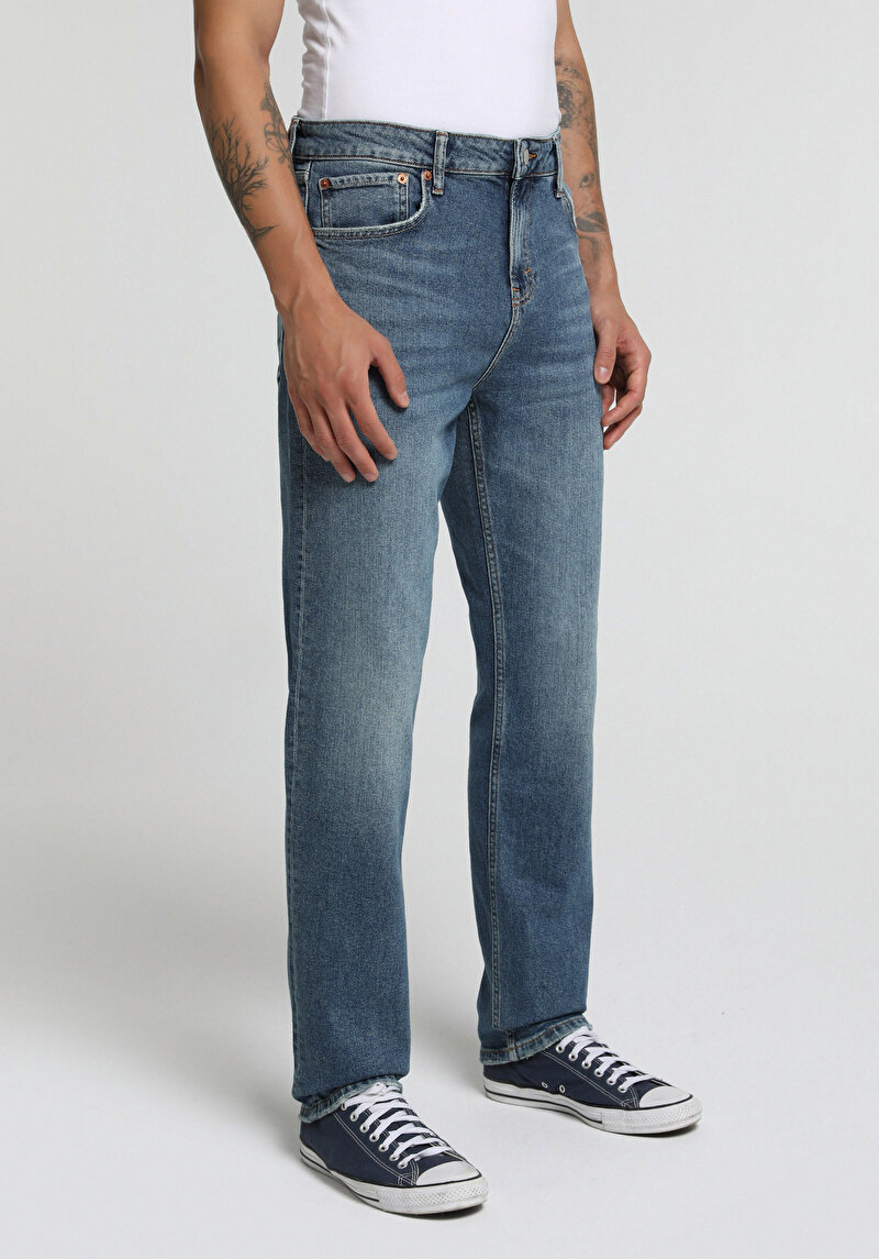 Straight Fit Erkek Mid İndigo Denim Jean Pantolon