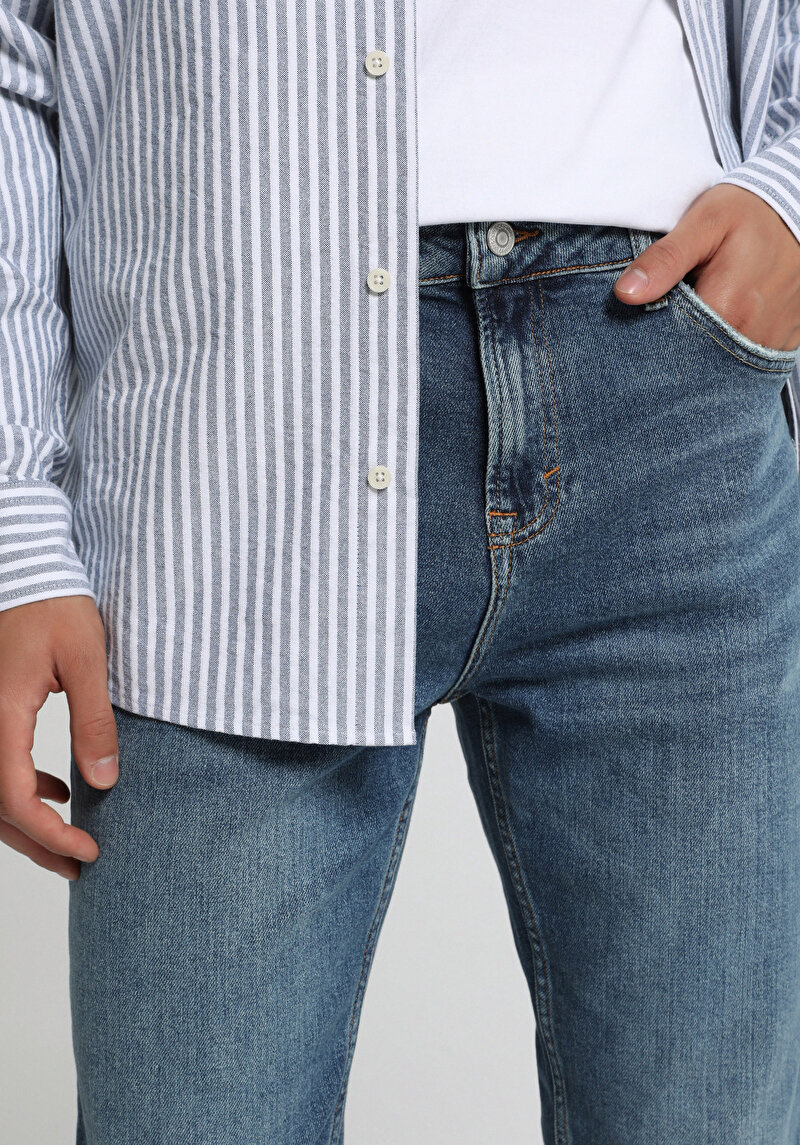 Straight Fit   Erkek Mid İndigo Denim Jean Pantolon