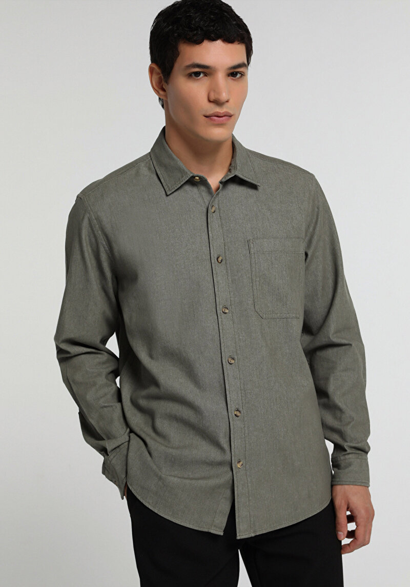 Regular Fit Shirt Neck Düz Erkek Yeşil Uzun Kol Gömlek
