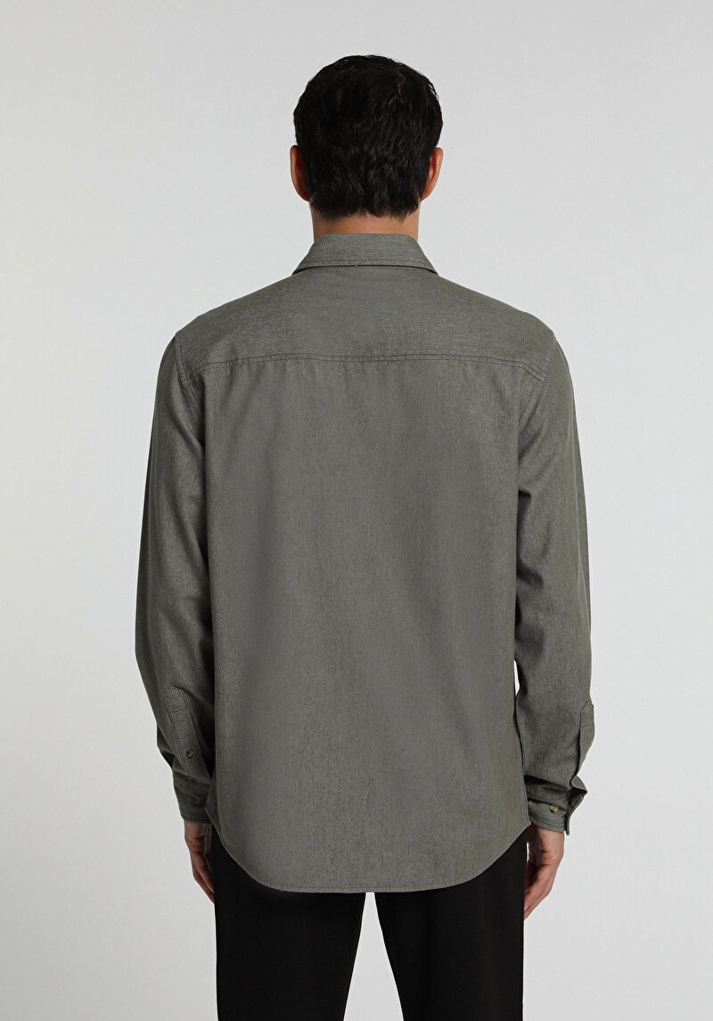 Regular Fit Shirt Neck Düz Erkek Yeşil Uzun Kol Gömlek