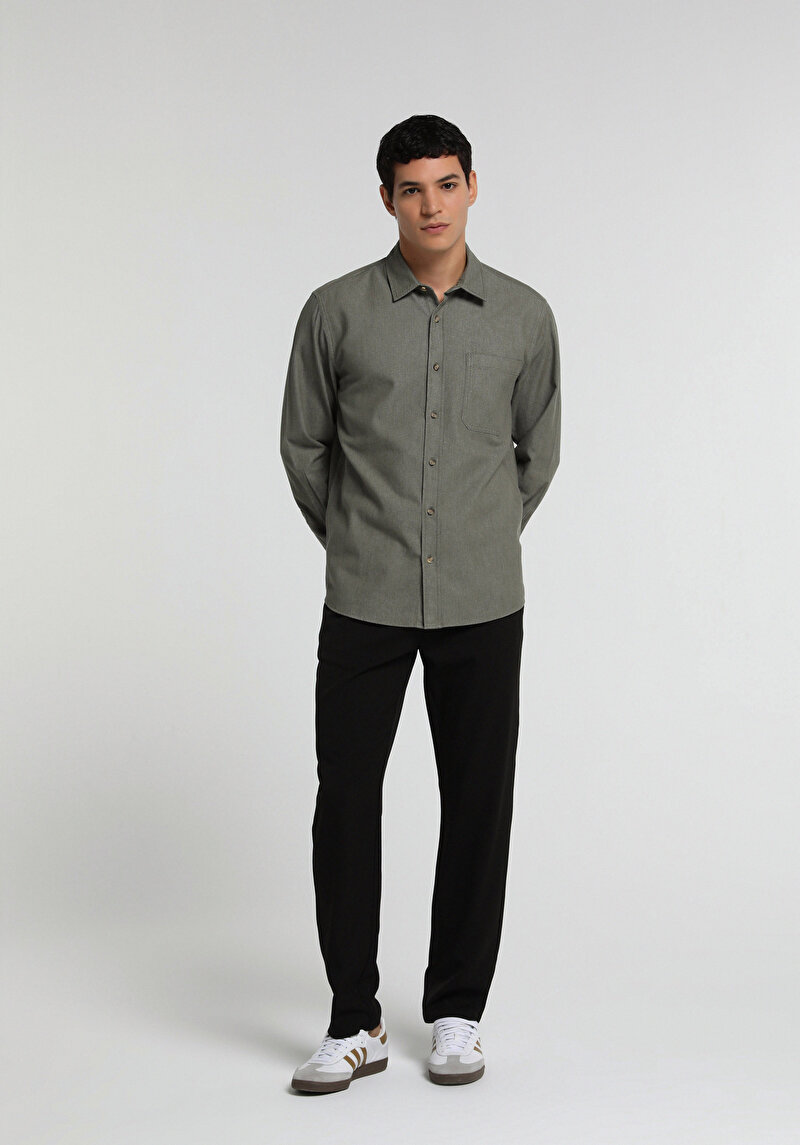 Regular Fit Shirt Neck Düz Erkek Yeşil Uzun Kol Gömlek
