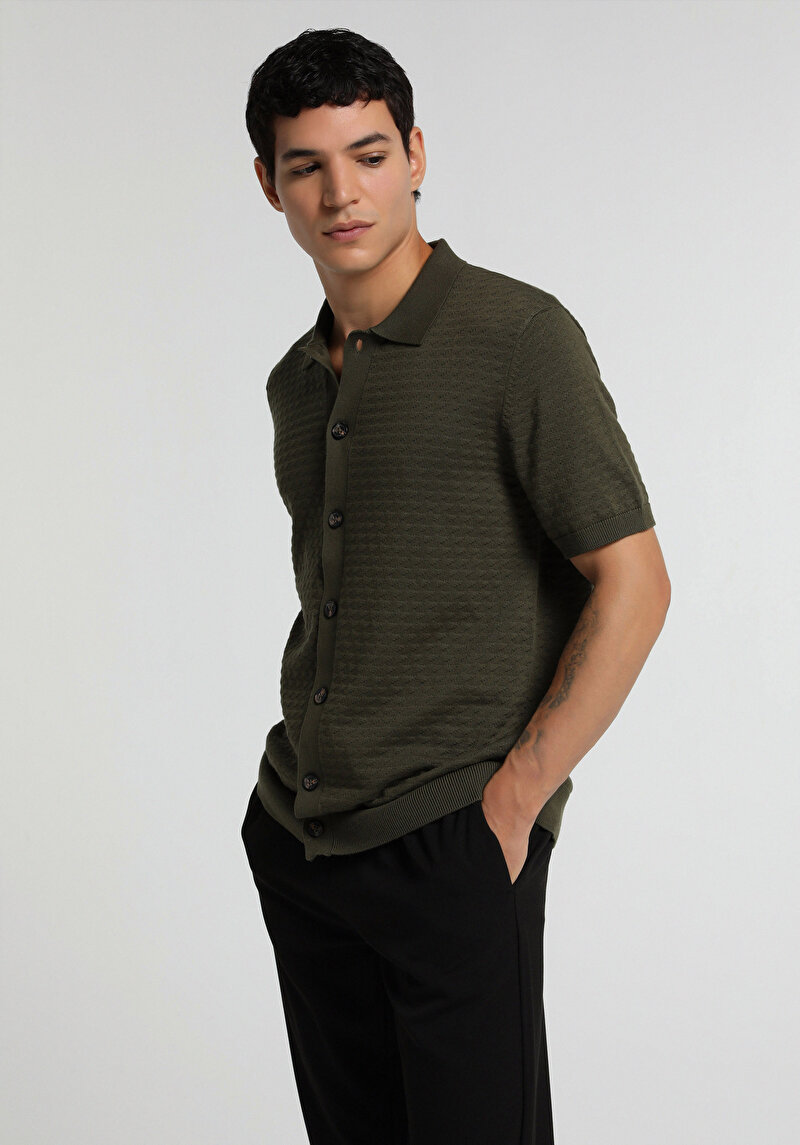 Regular Fit Polo Yaka Jakarlı Erkek Yeşil Kısa Kol Kazak