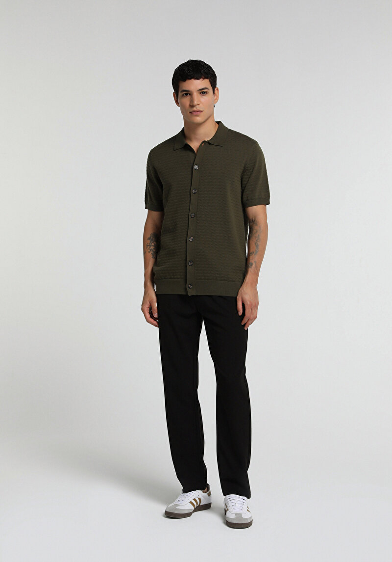 Regular Fit Polo Yaka Jakarlı Erkek Yeşil Kısa Kol Kazak
