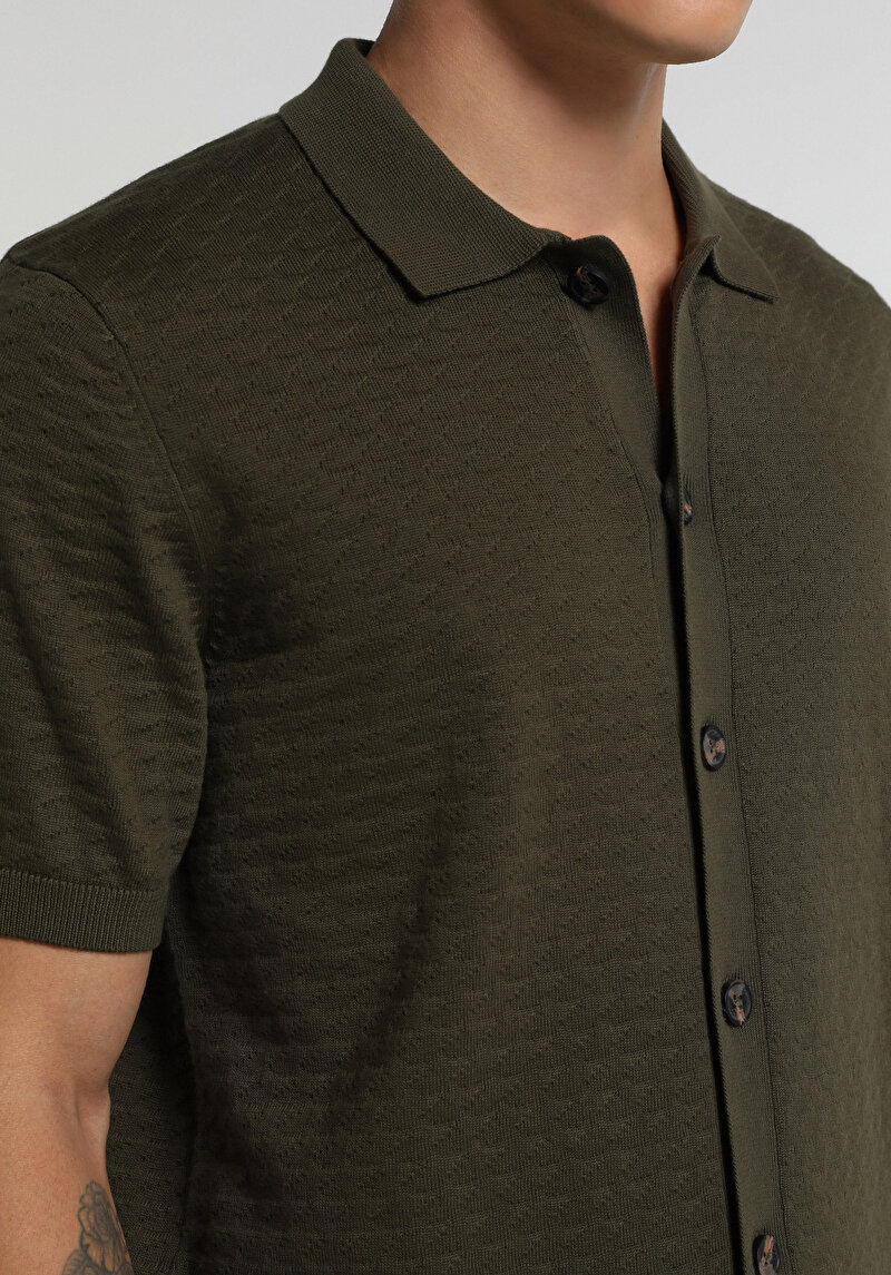 Regular Fit Polo Yaka Jakarlı Erkek Yeşil Kısa Kol Kazak