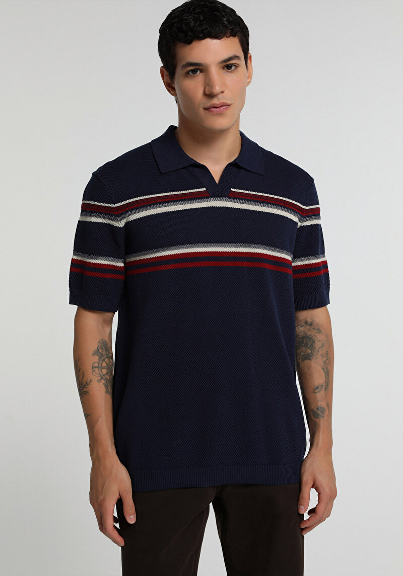 Regular Fit Polo Yaka Jakarlı Erkek Lacivert Kısa Kol Kazak