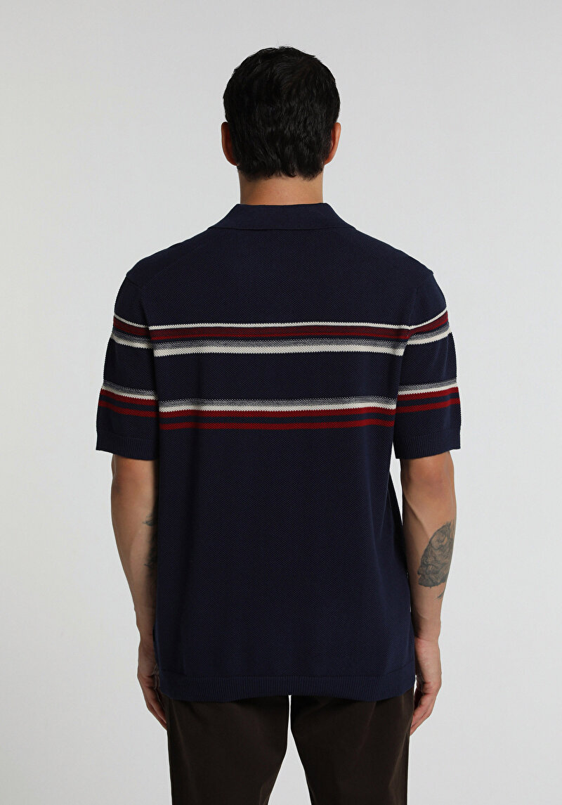 Regular Fit Polo Yaka Jakarlı Erkek Lacivert Kısa Kol Kazak
