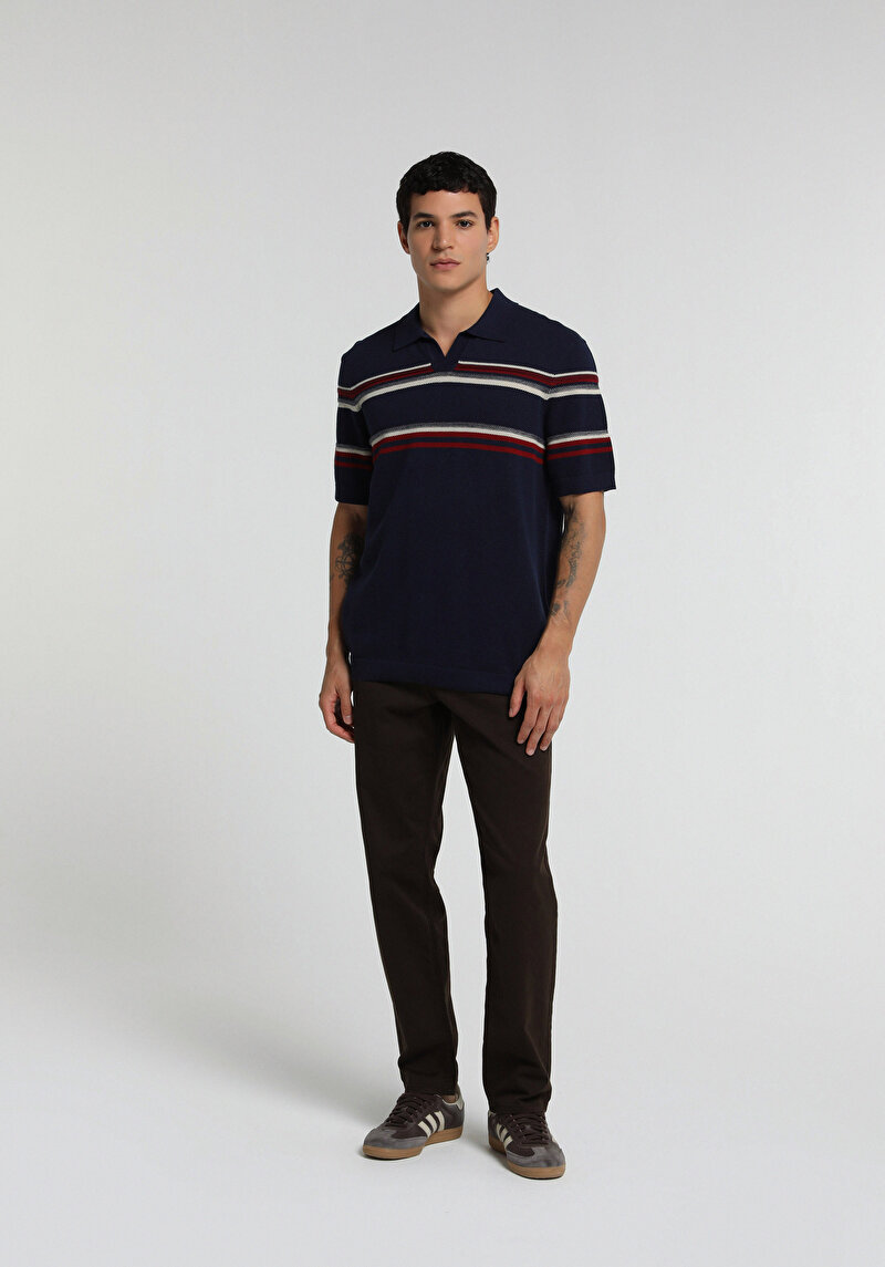 Regular Fit Polo Yaka Jakarlı Erkek Lacivert Kısa Kol Kazak