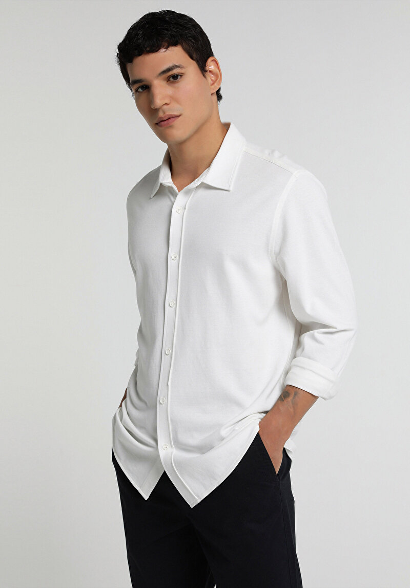 Regular Fit Shirt Neck Düz Erkek Beyaz Uzun Kol Gömlek
