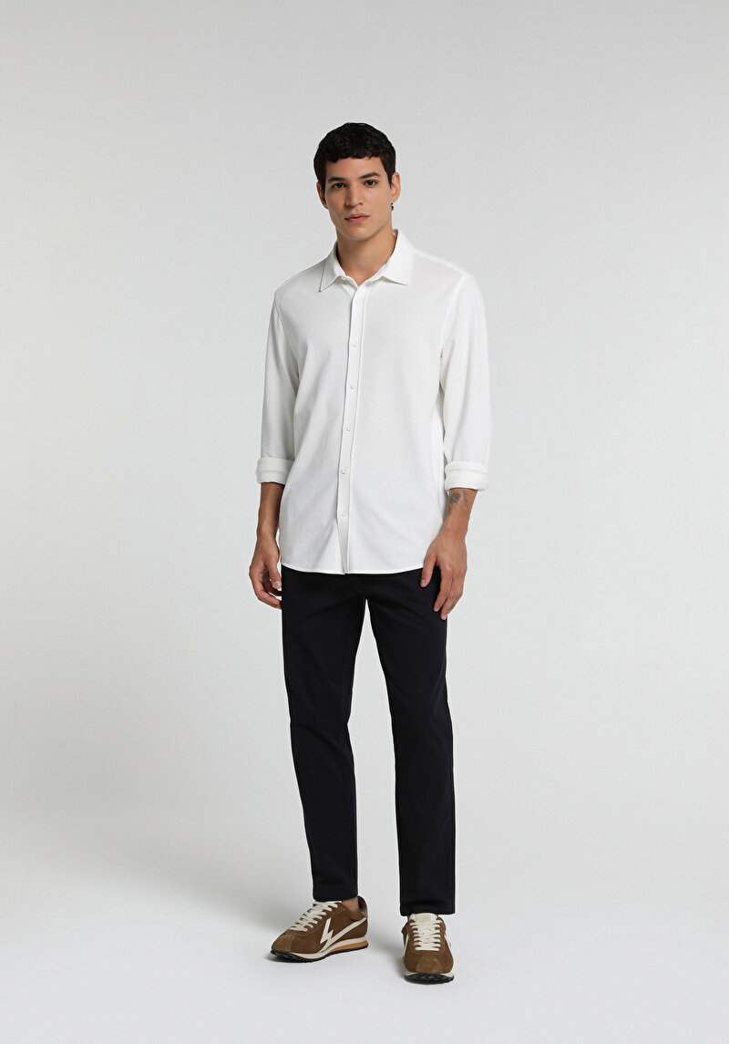 Regular Fit Shirt Neck Düz Erkek Beyaz Uzun Kol Gömlek