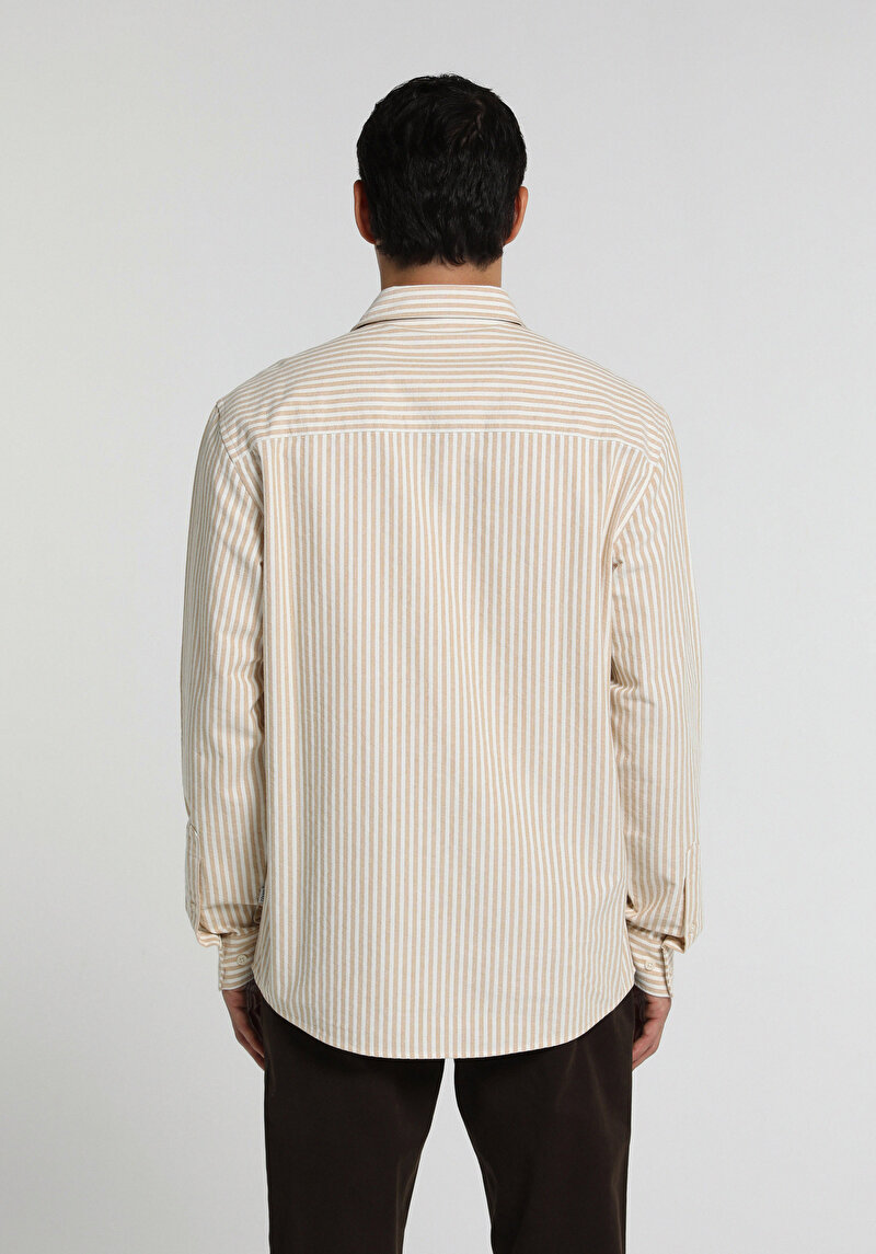 Regular Fit Shirt Neck Çizgili Erkek Bej Uzun Kol Gömlek