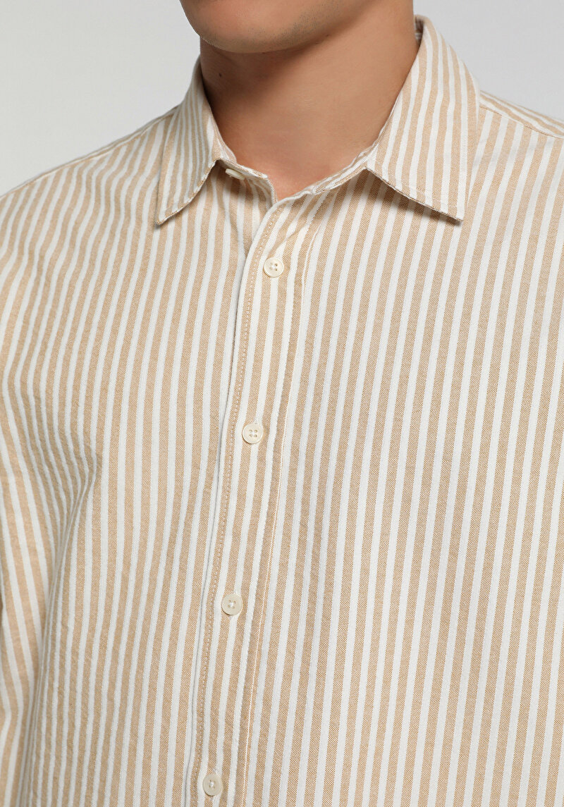 Regular Fit Shirt Neck Çizgili Erkek Bej Uzun Kol Gömlek