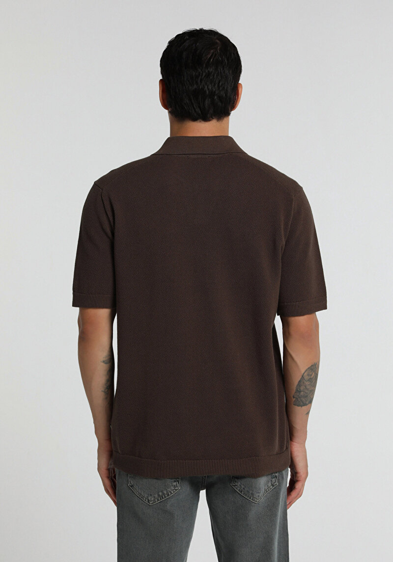 Regular Fit Polo Yaka Düz Erkek Açik Kahverengi Kısa Kol Kazak