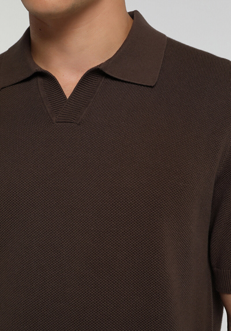 Regular Fit Polo Yaka Düz Erkek Açik Kahverengi Kısa Kol Kazak