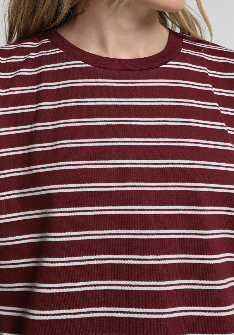 Regular Fit Yuvarlak Yaka Çizgili Kadın Bordo Kısa Kol Tişört