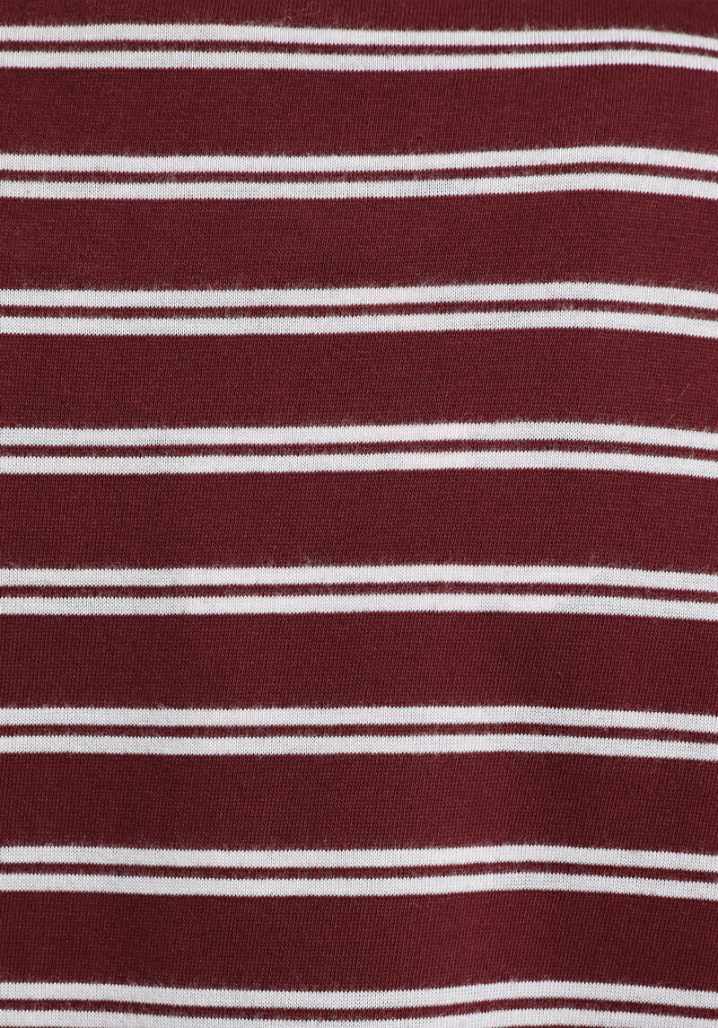 Regular Fit Yuvarlak Yaka Çizgili Kadın Bordo Kısa Kol Tişört
