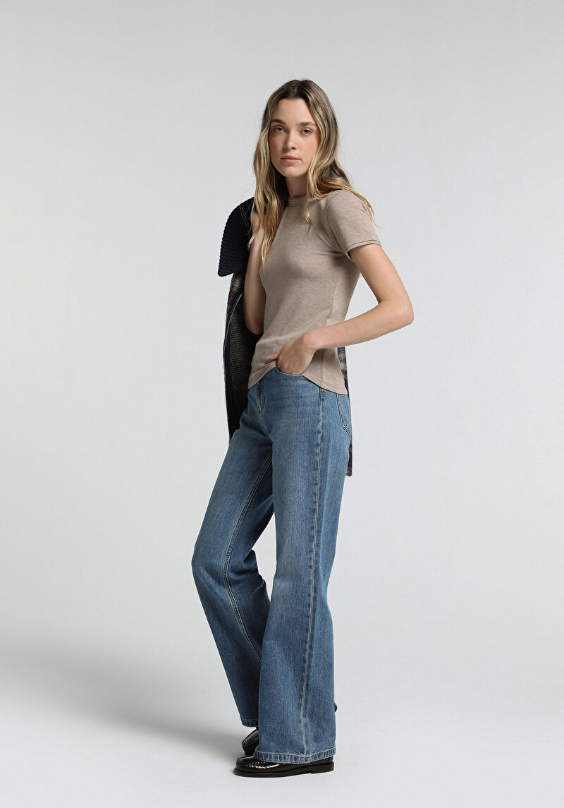 Slim Fit Kadın Bej Tişört