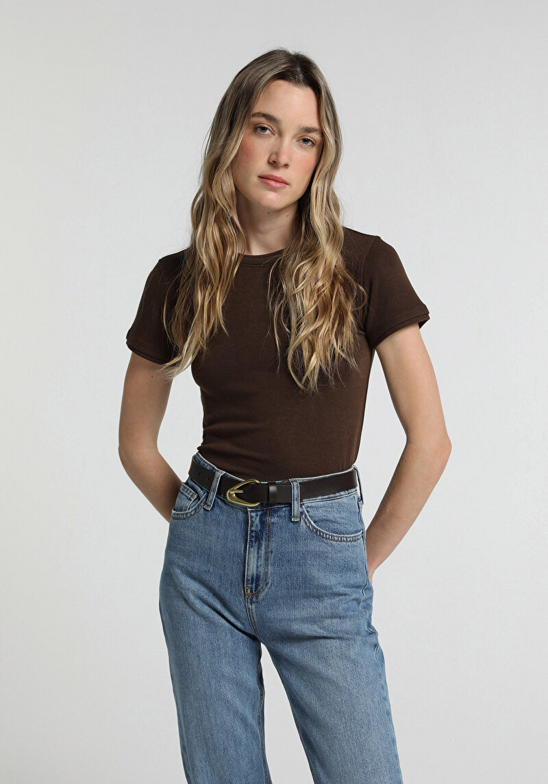 Slim Fit Kadın Kahverengi Tişört