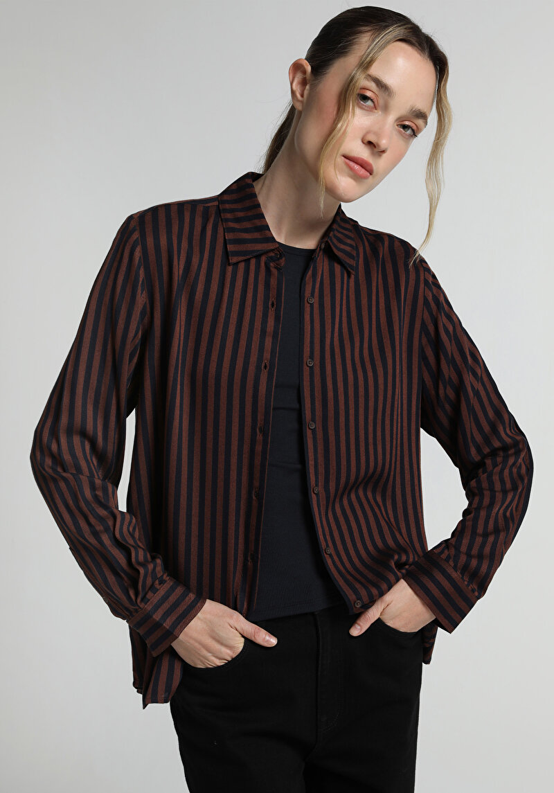 Fashion Fit Shirt Neck Çizgili Kadın Kahverengi Uzun Kol Gömlek
