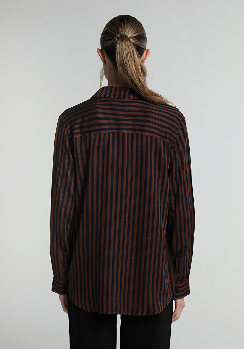 Fashion Fit Shirt Neck Çizgili Kadın Kahverengi Uzun Kol Gömlek