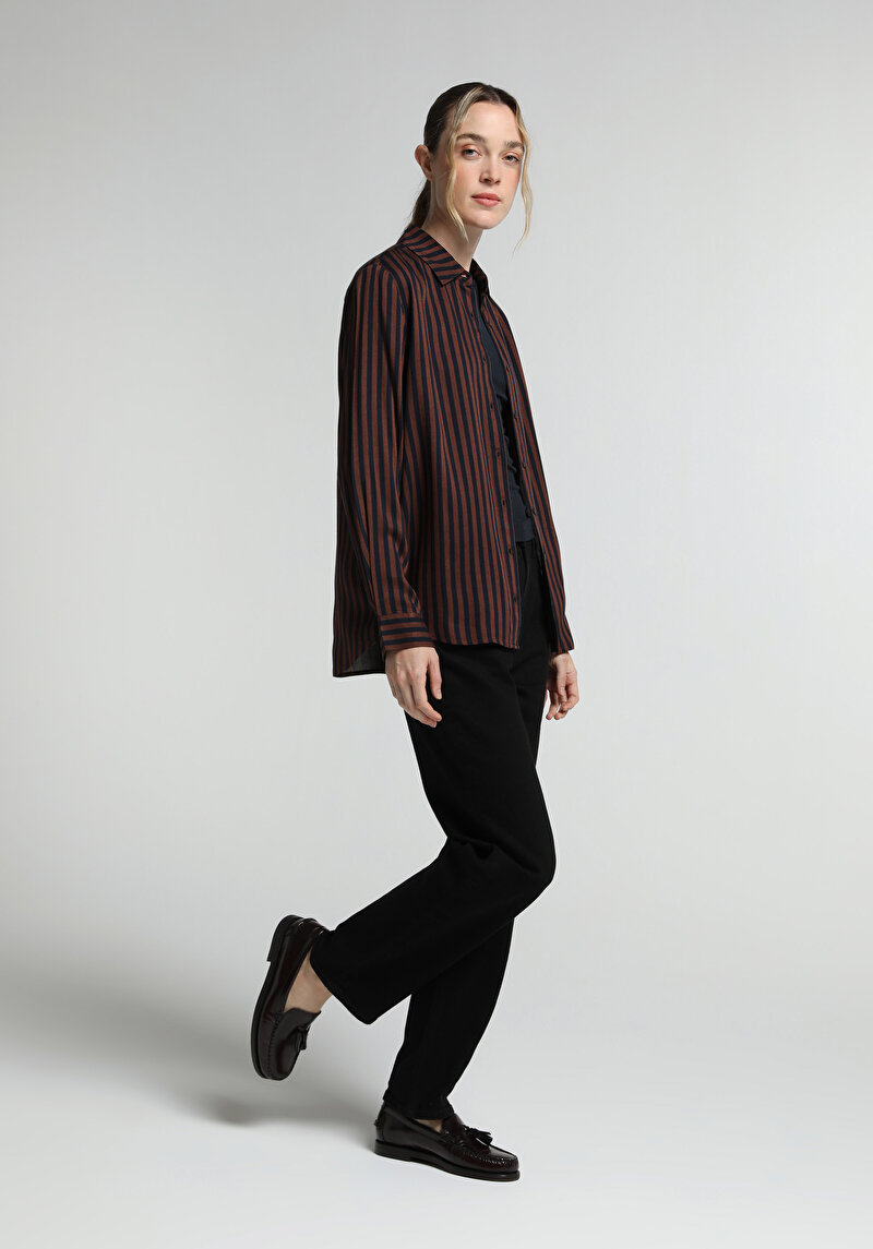 Fashion Fit Shirt Neck Çizgili Kadın Kahverengi Uzun Kol Gömlek