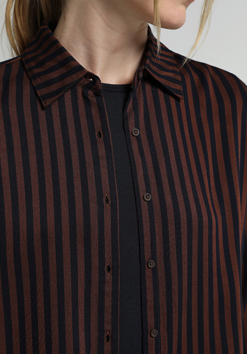Fashion Fit Shirt Neck Çizgili Kadın Kahverengi Uzun Kol Gömlek