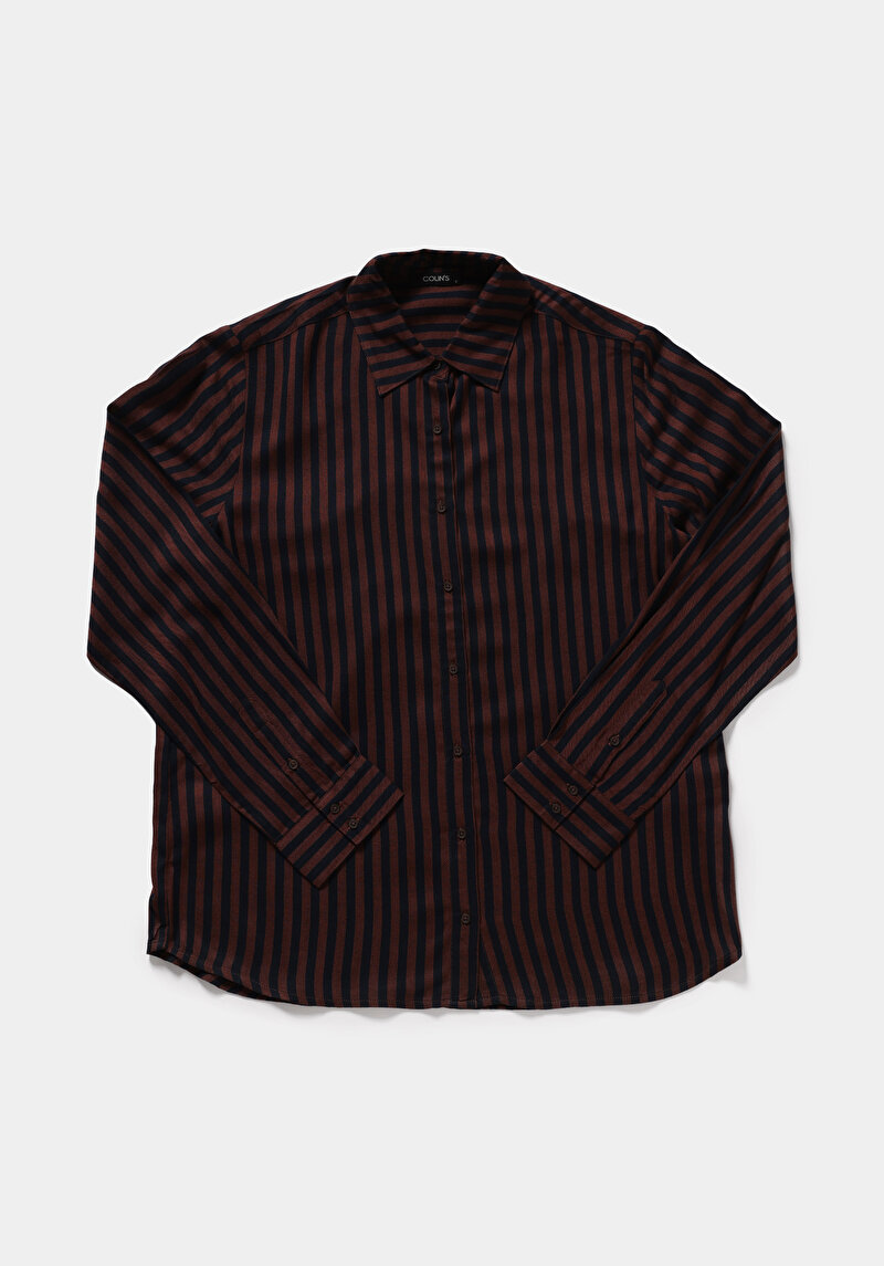 Fashion Fit Shirt Neck Çizgili Kadın Kahverengi Uzun Kol Gömlek