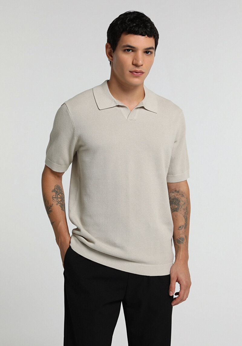 Regular Fit Polo Yaka Düz Erkek Taş Kısa Kol Kazak