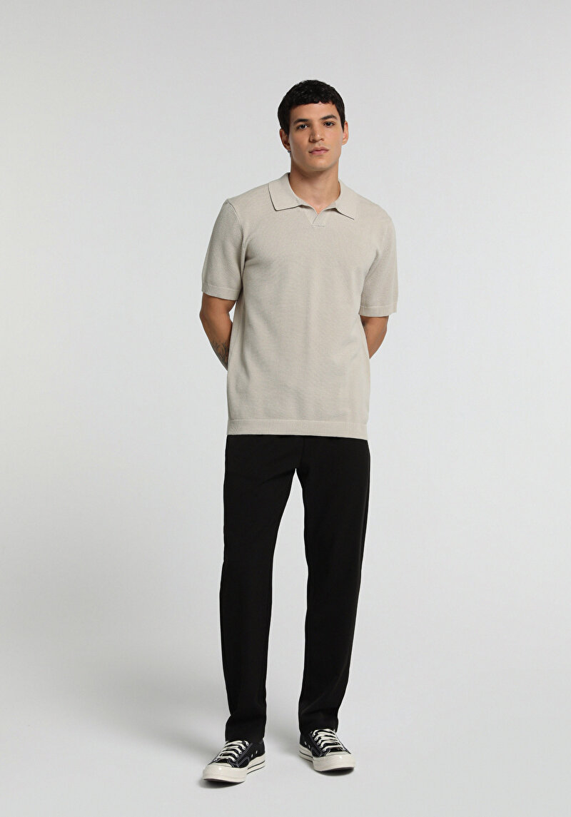 Regular Fit Polo Yaka Düz Erkek Taş Kısa Kol Kazak