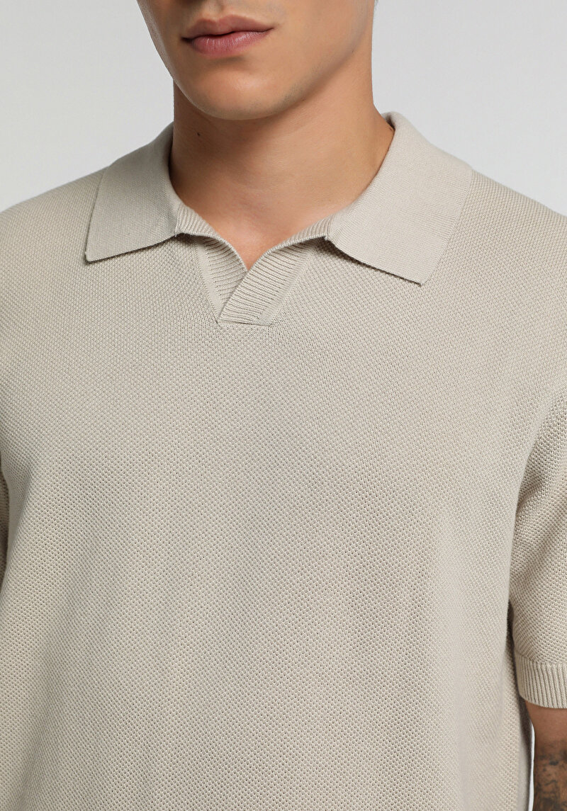 Regular Fit Polo Yaka Düz Erkek Taş Kısa Kol Kazak