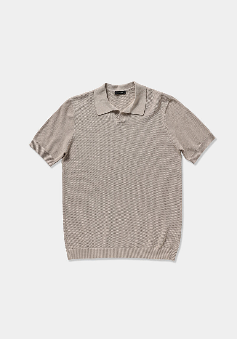 Regular Fit Polo Yaka Düz Erkek Taş Kısa Kol Kazak