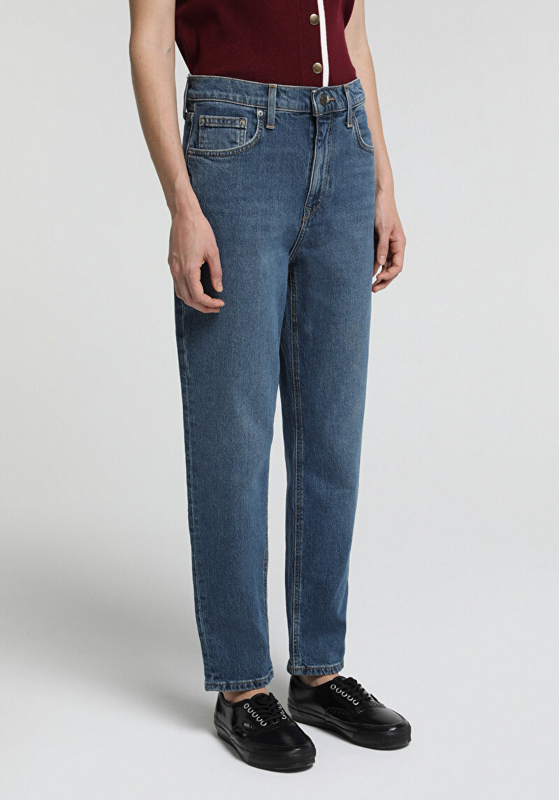 Mom Fit Kadın Mid İndigo Denim Jean Pantolon