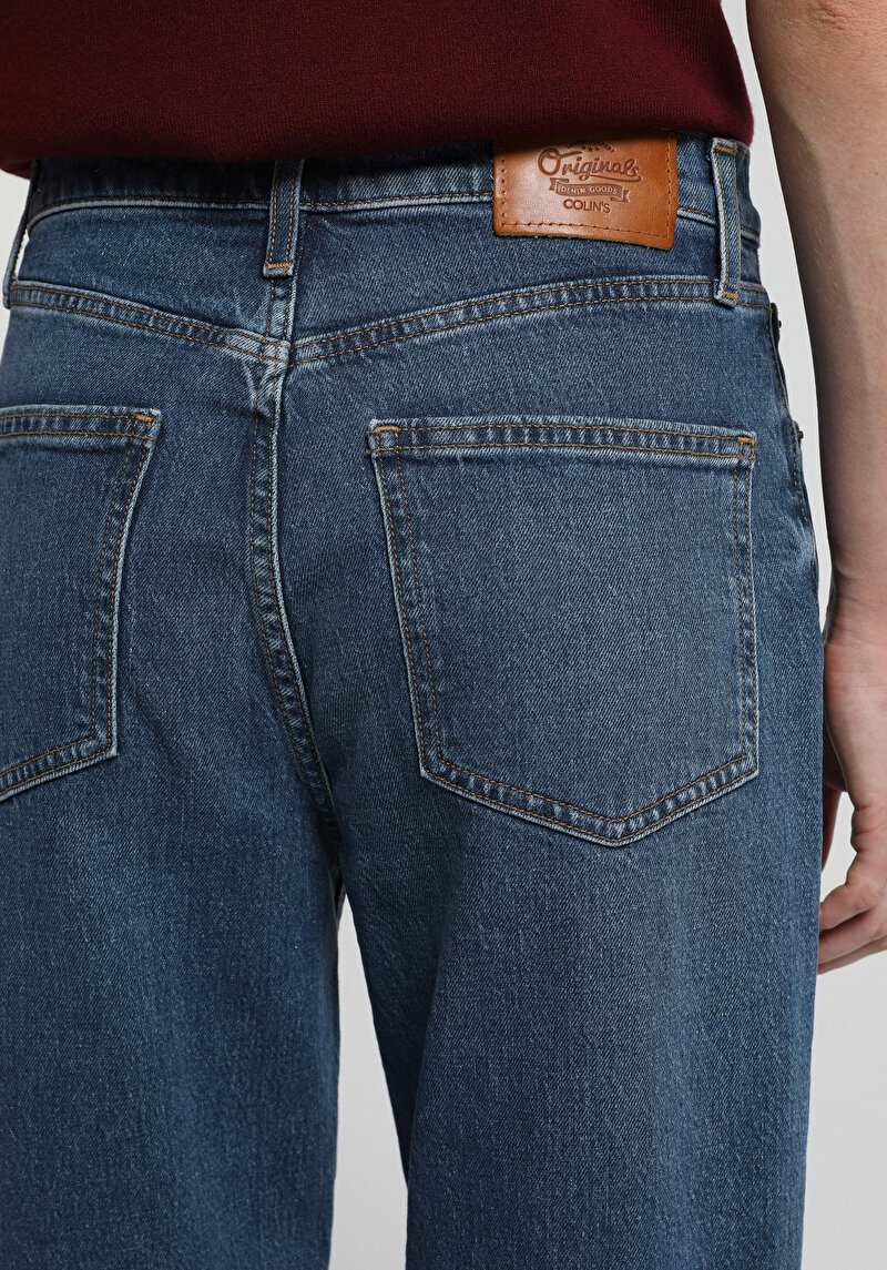 Mom Fit   Kadın Mid İndigo Denim Jean Pantolon