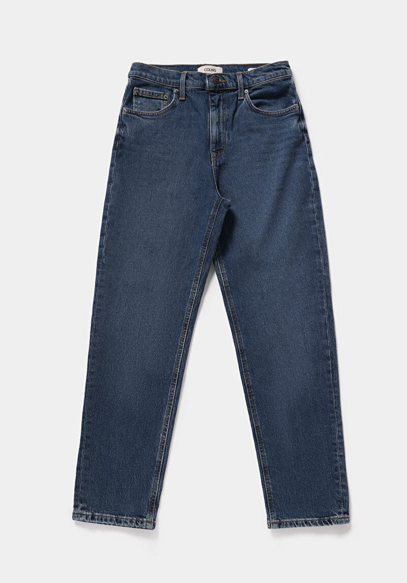 Mom Fit   Kadın Mid İndigo Denim Jean Pantolon