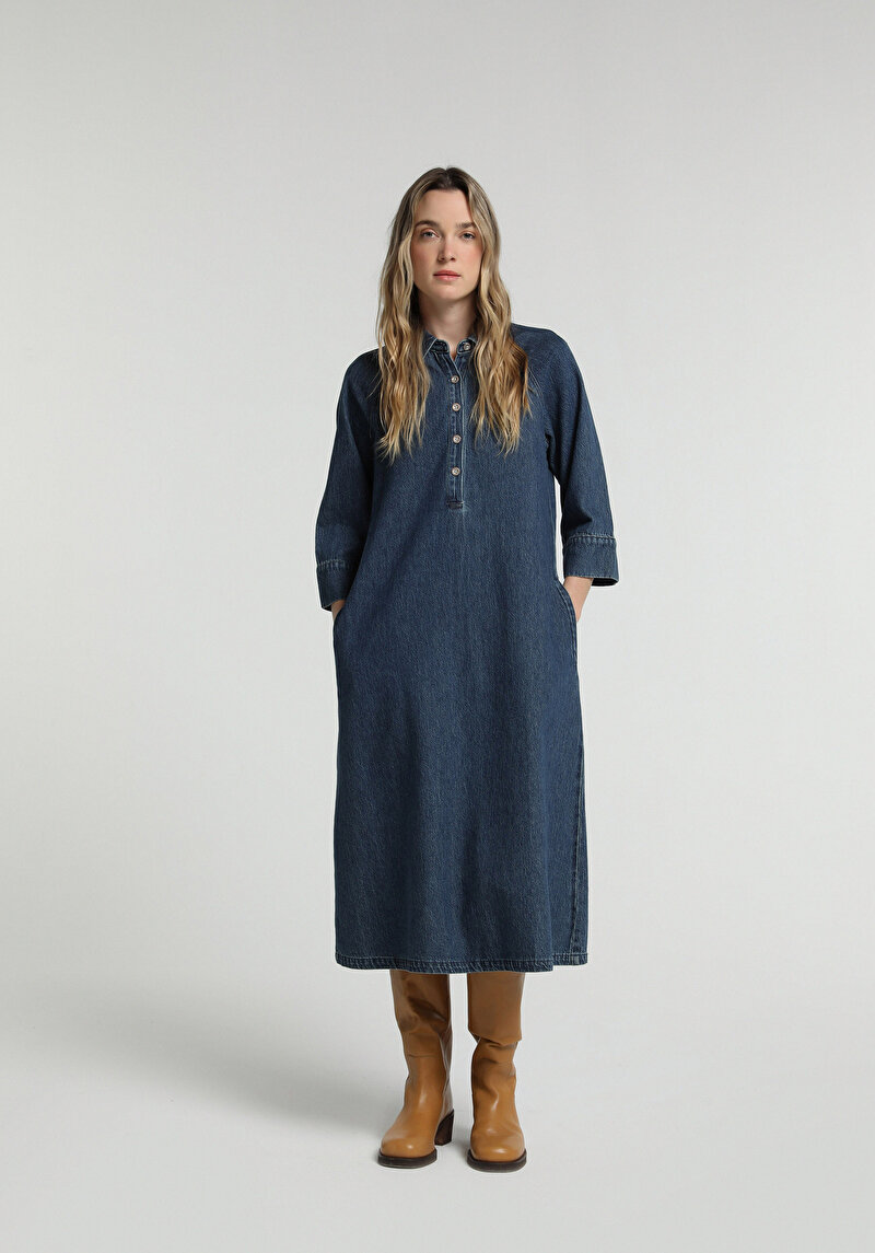 Oversize Fit Düz Kadın Dark İndigo Denim ¾ Kol Elbise