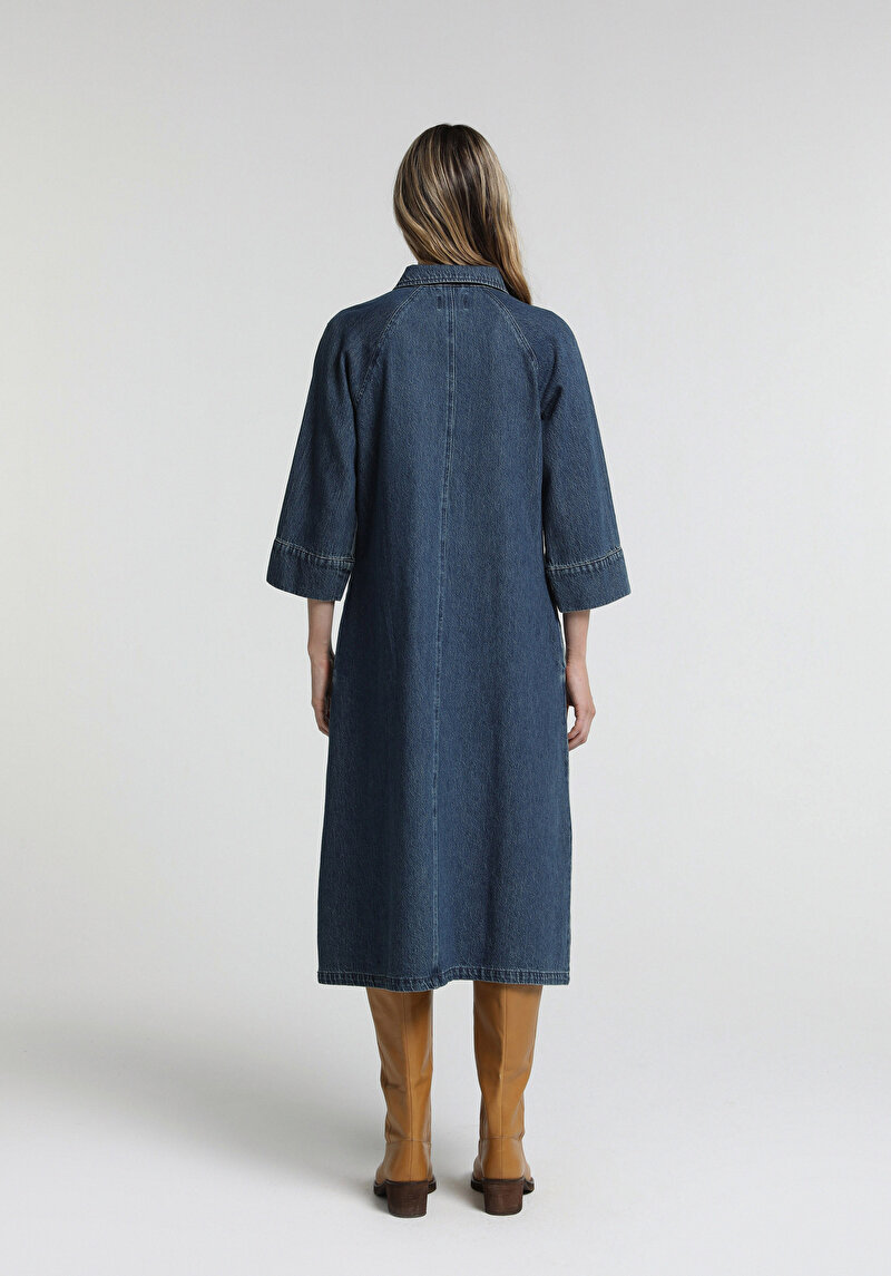 Oversize Fit Düz Kadın Dark İndigo Denim ¾ Kol Elbise
