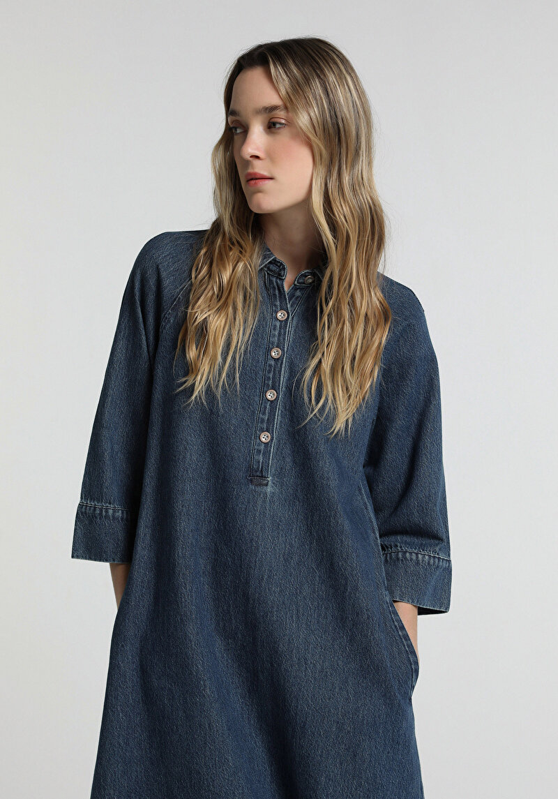Oversize Fit Düz Kadın Dark İndigo Denim ¾ Kol Elbise