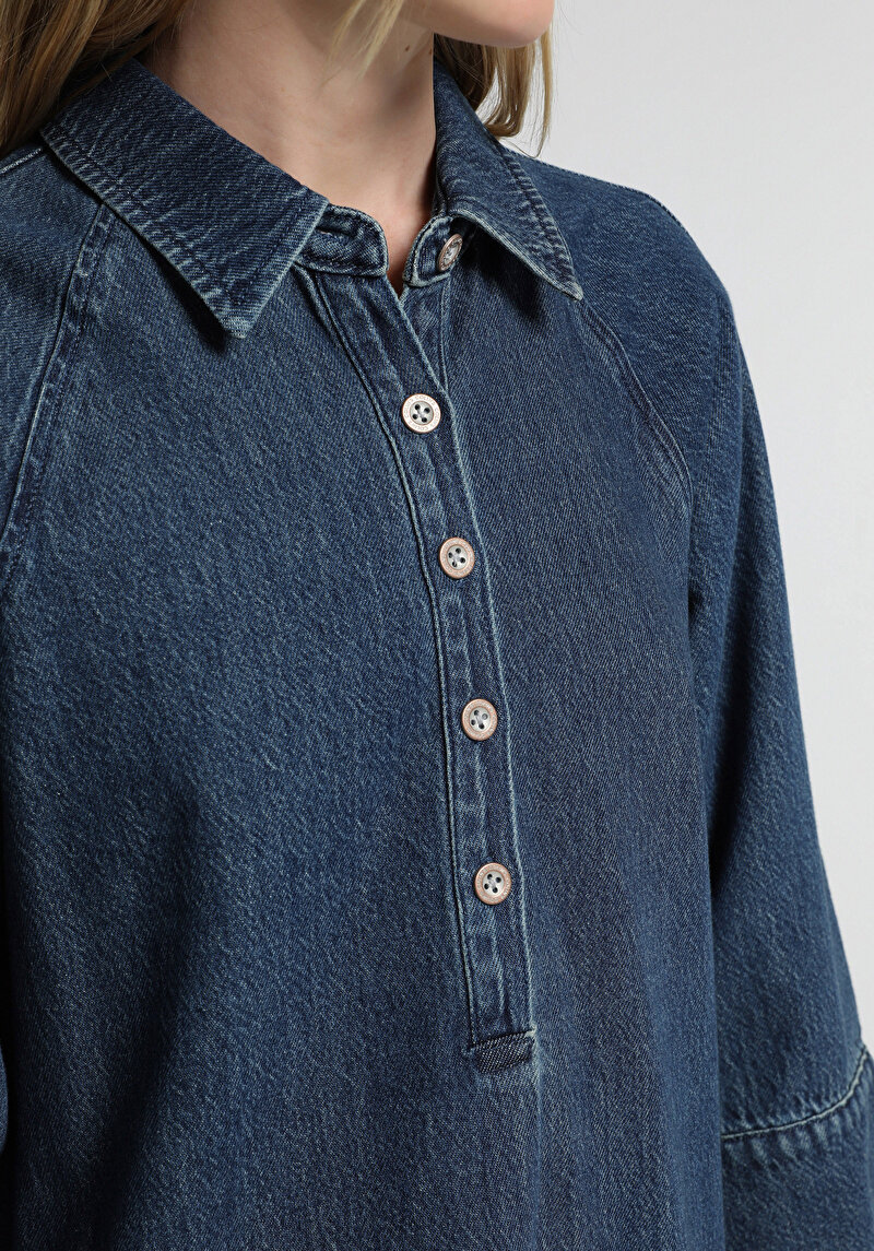 Oversize Fit Düz Kadın Dark İndigo Denim ¾ Kol Elbise