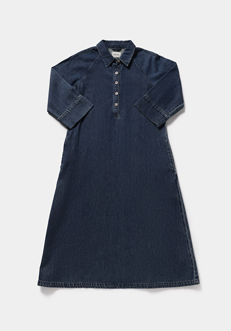 Oversize Fit Düz Kadın Dark İndigo Denim ¾ Kol Elbise