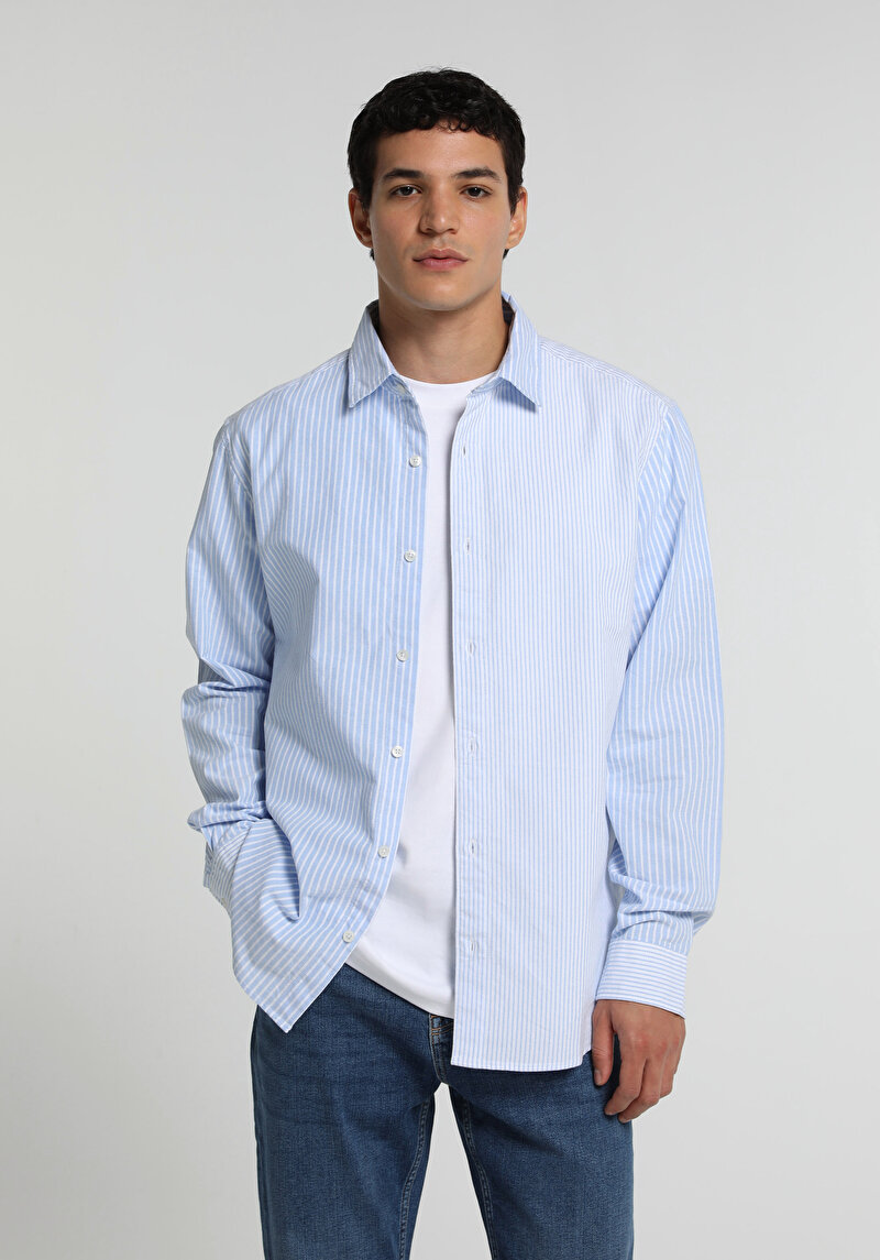 Regular Fit Shirt Neck Çizgili Erkek Mavi Uzun Kol Gömlek