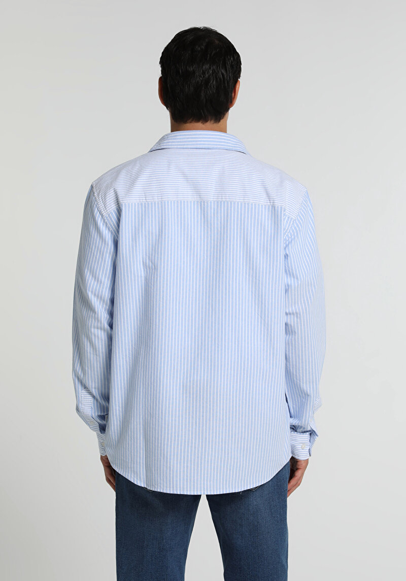 Regular Fit Shirt Neck Çizgili Erkek Mavi Uzun Kol Gömlek