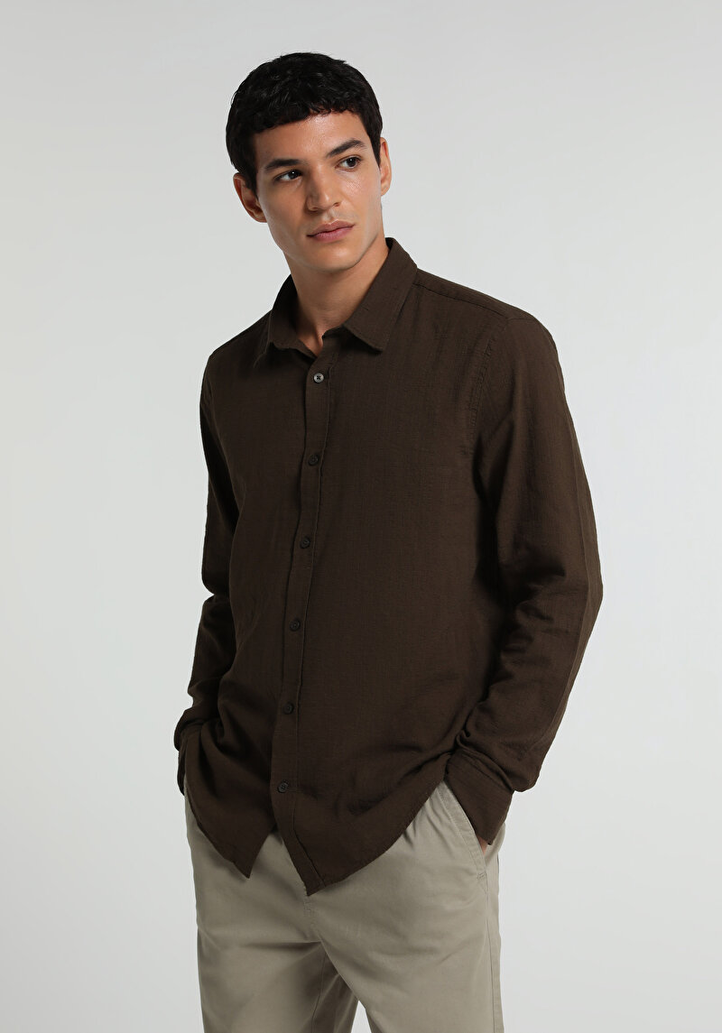 Regular Fit Shirt Neck Düz Erkek Kahverengi Uzun Kol Gömlek