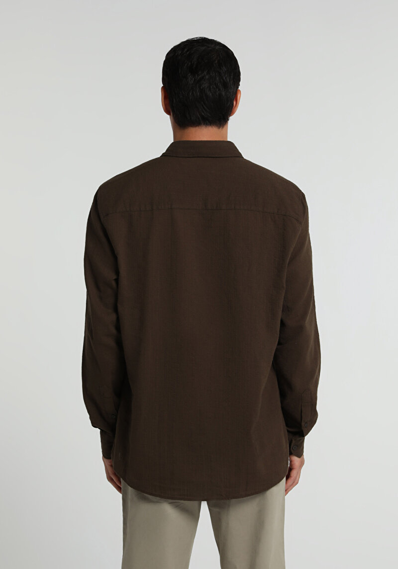 Regular Fit Shirt Neck Düz Erkek Kahverengi Uzun Kol Gömlek
