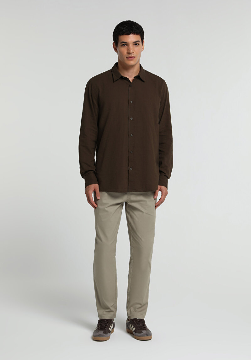 Regular Fit Shirt Neck Düz Erkek Kahverengi Uzun Kol Gömlek