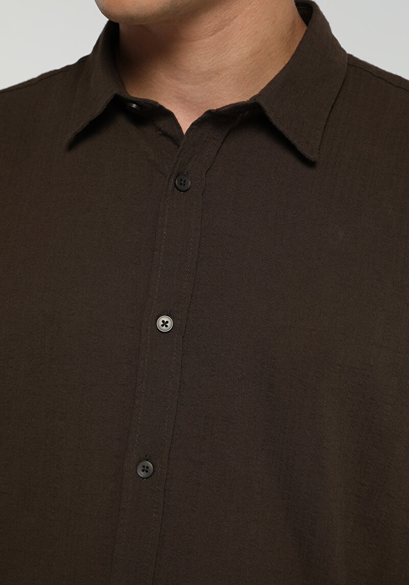 Regular Fit Shirt Neck Düz Erkek Kahverengi Uzun Kol Gömlek
