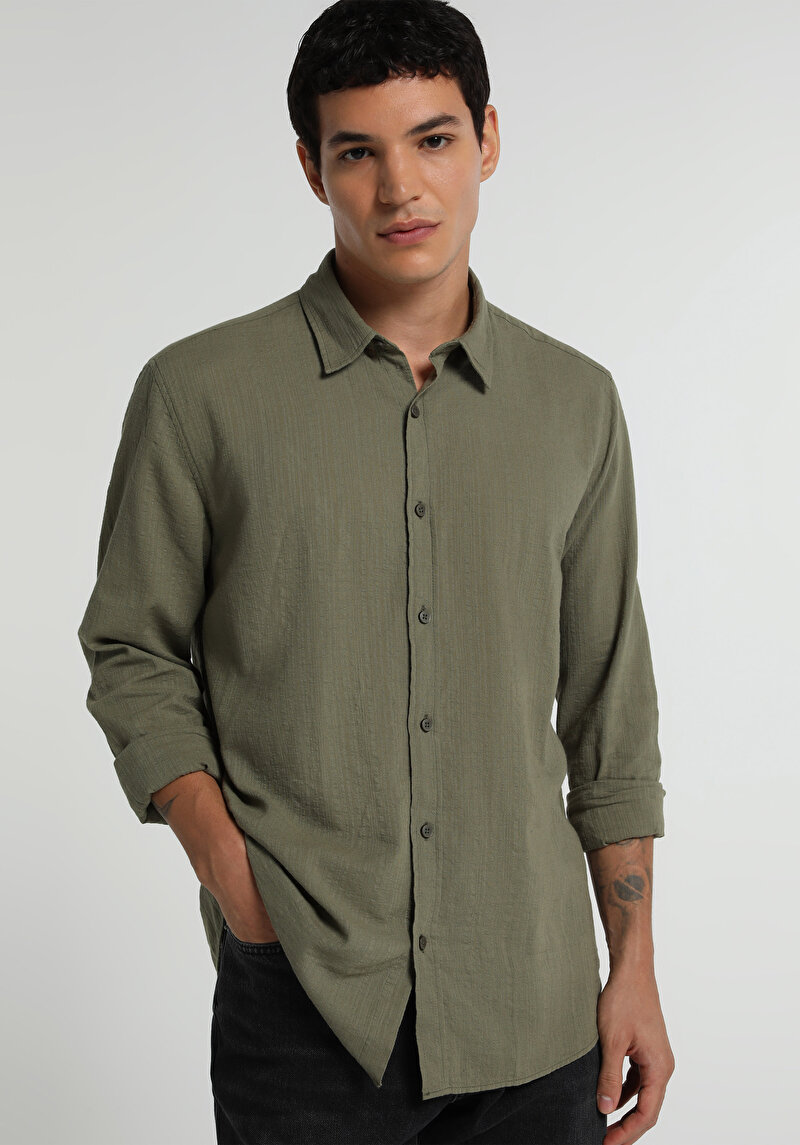 Regular Fit Shirt Neck Düz Erkek Yeşil Uzun Kol Gömlek