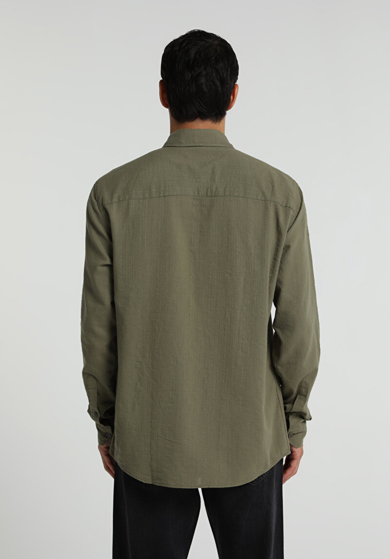 Regular Fit Shirt Neck Düz Erkek Yeşil Uzun Kol Gömlek