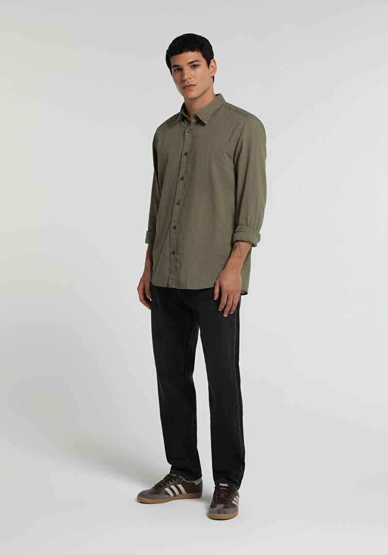 Regular Fit Shirt Neck Düz Erkek Yeşil Uzun Kol Gömlek