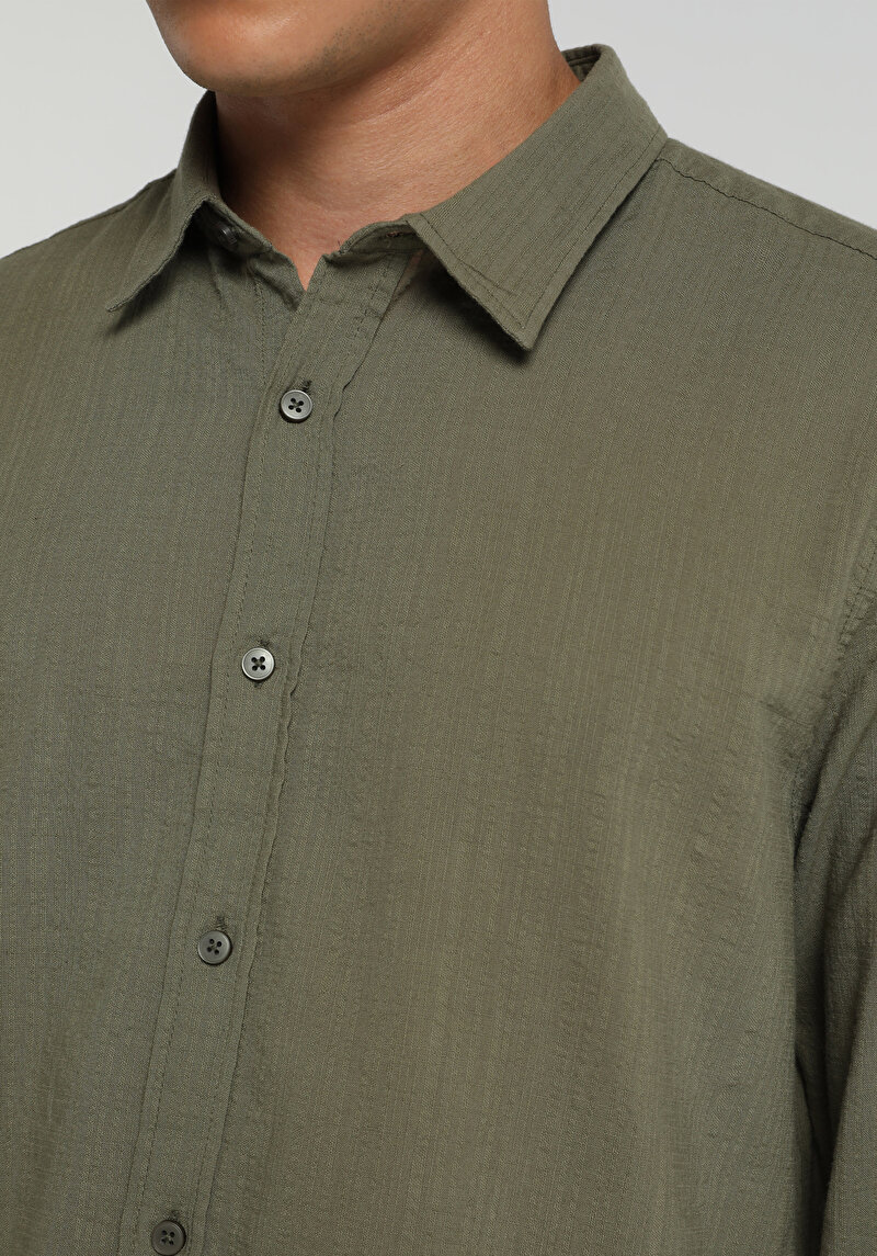 Regular Fit Shirt Neck Düz Erkek Yeşil Uzun Kol Gömlek